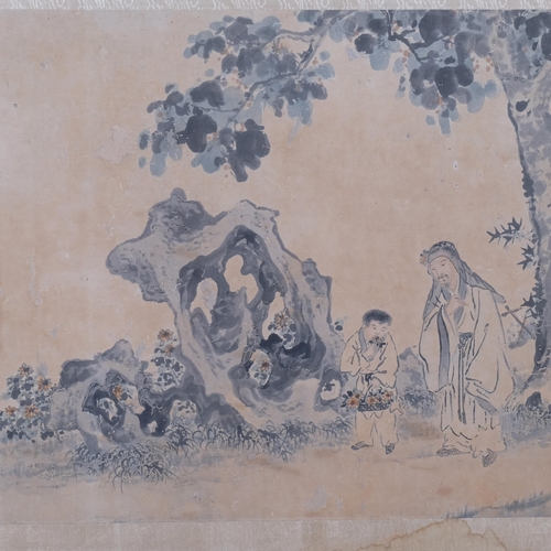 731 - Chinese watercolour scroll painting, 2 figures in landscape, mounted on silk ground and framed, over... 