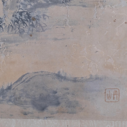 731 - Chinese watercolour scroll painting, 2 figures in landscape, mounted on silk ground and framed, over... 