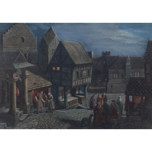 732 - T G Bankfield, Medieval street scene by moonlight, watercolour, 49cm x 69cm, framed