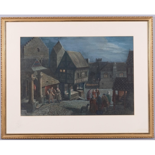 732 - T G Bankfield, Medieval street scene by moonlight, watercolour, 49cm x 69cm, framed