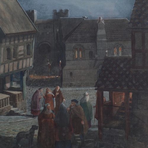 732 - T G Bankfield, Medieval street scene by moonlight, watercolour, 49cm x 69cm, framed