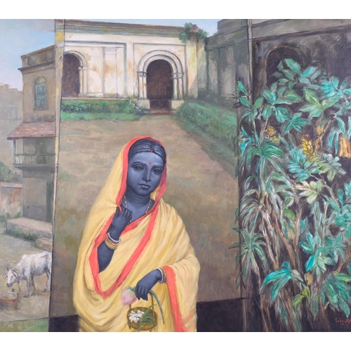 733 - Isha Mahammad (Indian), departing Lakshmi, oil on canvas, signed and dated 1997, 91cm x 105cm, frame... 