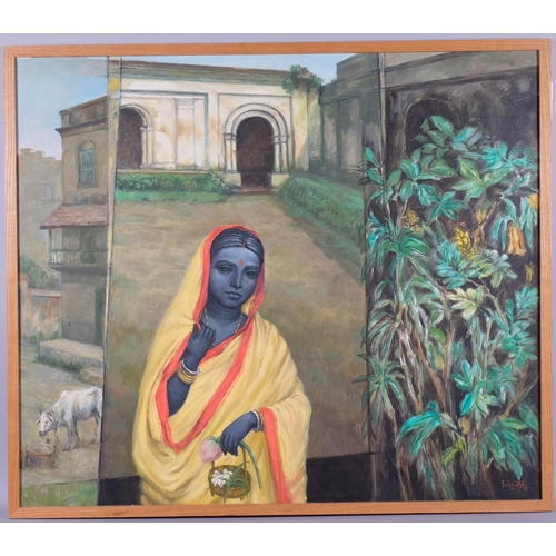 733 - Isha Mahammad (Indian), departing Lakshmi, oil on canvas, signed and dated 1997, 91cm x 105cm, frame... 