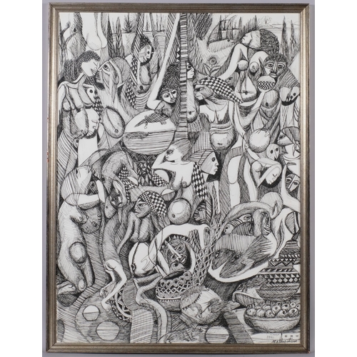 736 - Malangatana Ngwenya (1936 - 2011), untitled figures, 1990, pen and ink, 75cm x 56cm, framed