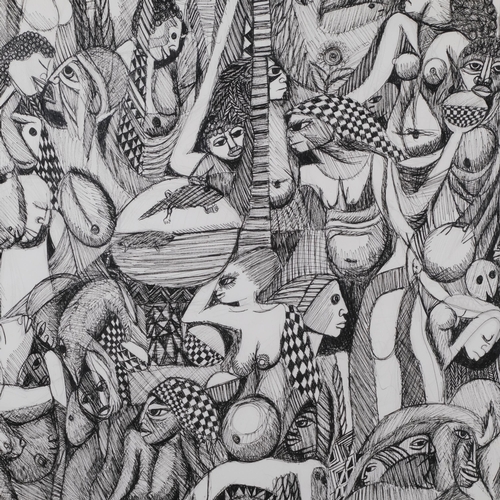 736 - Malangatana Ngwenya (1936 - 2011), untitled figures, 1990, pen and ink, 75cm x 56cm, framed