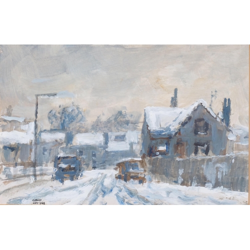 739 - Robert Hay (born 1937), winter in a Sutton back street, acrylic on board, 1988, 15cm x 23cm, framed,... 