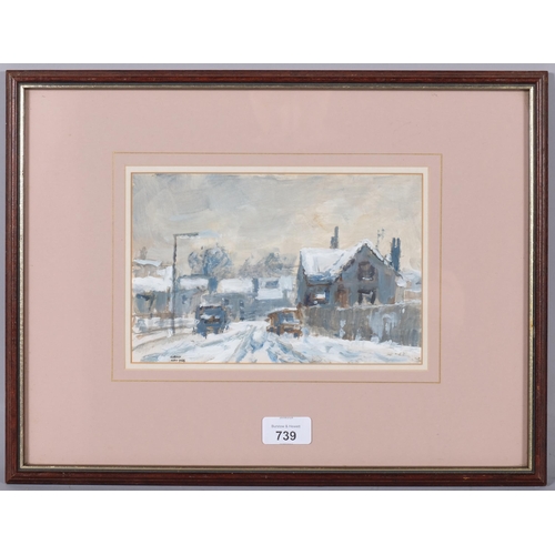 739 - Robert Hay (born 1937), winter in a Sutton back street, acrylic on board, 1988, 15cm x 23cm, framed,... 