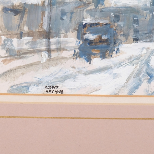 739 - Robert Hay (born 1937), winter in a Sutton back street, acrylic on board, 1988, 15cm x 23cm, framed,... 