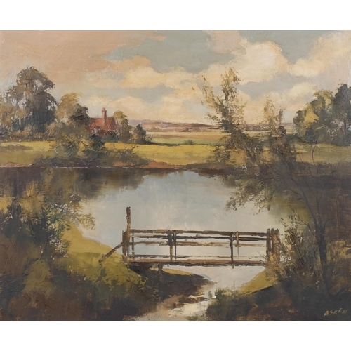 741 - Victor Askew, pond in Hertford, 1972, oil on canvas, 50cm x 61cm, framed