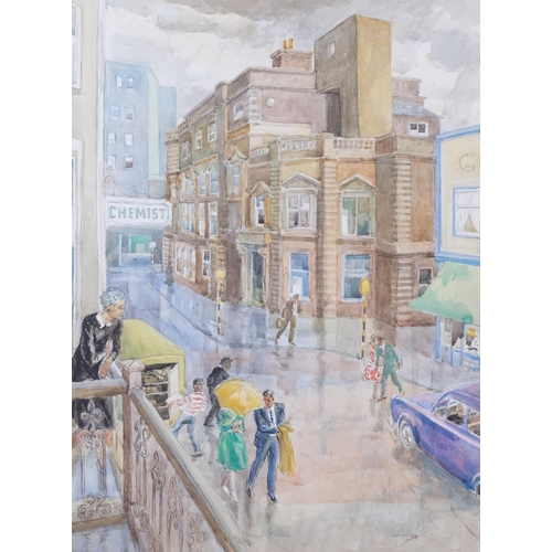 742 - Rainy street scene, mid-20th century watercolour, unsigned, 50cm x 37cm, framed