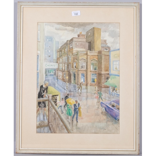 742 - Rainy street scene, mid-20th century watercolour, unsigned, 50cm x 37cm, framed