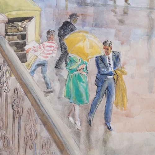 742 - Rainy street scene, mid-20th century watercolour, unsigned, 50cm x 37cm, framed