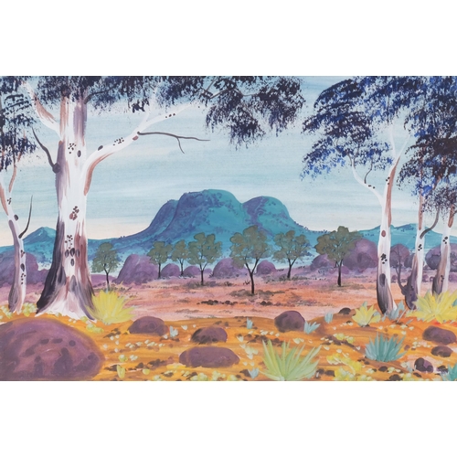 743 - Aboriginal Australian landscape, gouache on paper, unsigned, 38cm x 55cm, framed