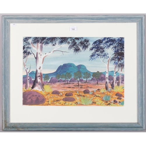 743 - Aboriginal Australian landscape, gouache on paper, unsigned, 38cm x 55cm, framed