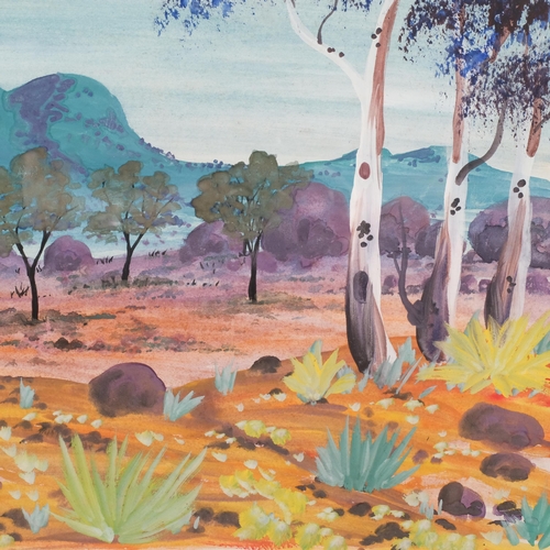 743 - Aboriginal Australian landscape, gouache on paper, unsigned, 38cm x 55cm, framed