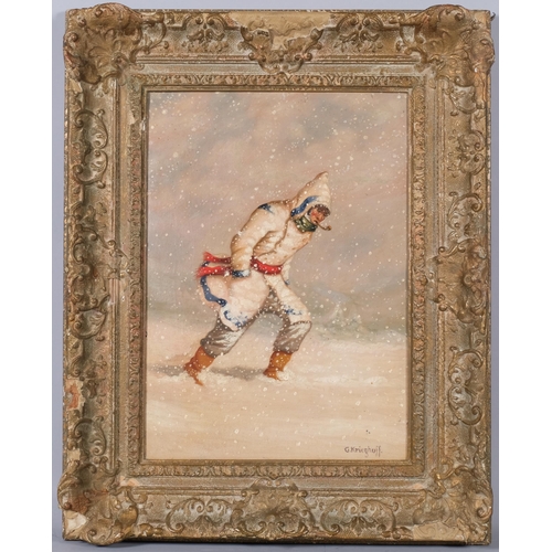 753 - Style of Krieghoff, figure in a snow storm, oil on panel, 44cm x 32cm, framed