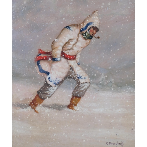 753 - Style of Krieghoff, figure in a snow storm, oil on panel, 44cm x 32cm, framed