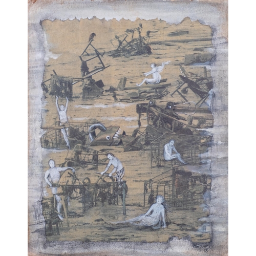 754 - Joan de Bethel (1923 - 2017), low tide at Woolwich, oil on panel, 1995, 27cm x 22cm, framed