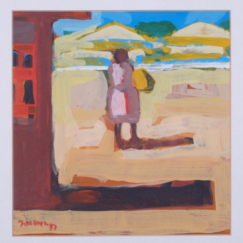 755 - Fasoni Sibanda, village scene with figure, 1997, mixed media on paper, 23cm x 22cm, framed, further ... 