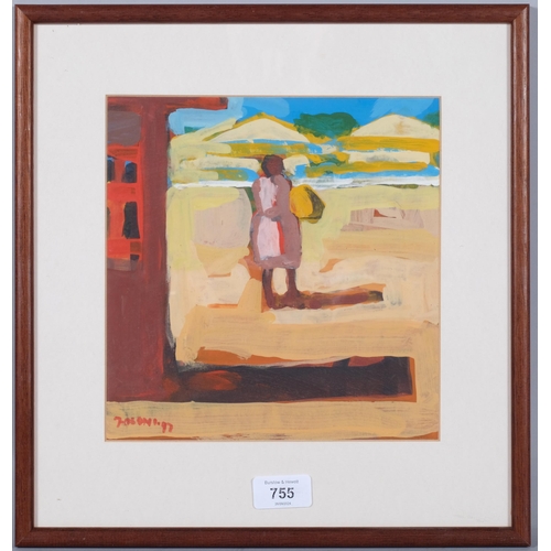 755 - Fasoni Sibanda, village scene with figure, 1997, mixed media on paper, 23cm x 22cm, framed, further ... 