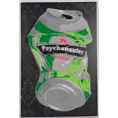 760 - Psychonautes (French street artist), beer can, stencil spray paint on canvas, 90cm x 60cm, unframed