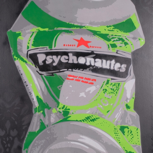 760 - Psychonautes (French street artist), beer can, stencil spray paint on canvas, 90cm x 60cm, unframed