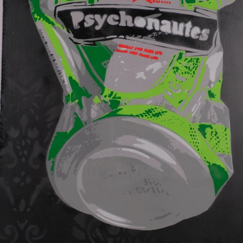 760 - Psychonautes (French street artist), beer can, stencil spray paint on canvas, 90cm x 60cm, unframed