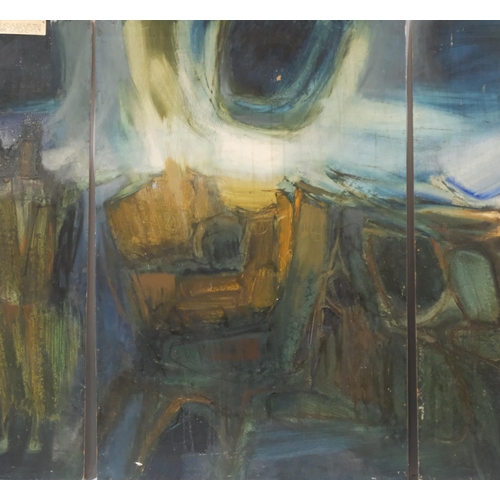 761 - Colin Saxton (1927 - 2013), abstract composition, triptych of oils on board, title verso, each panel... 