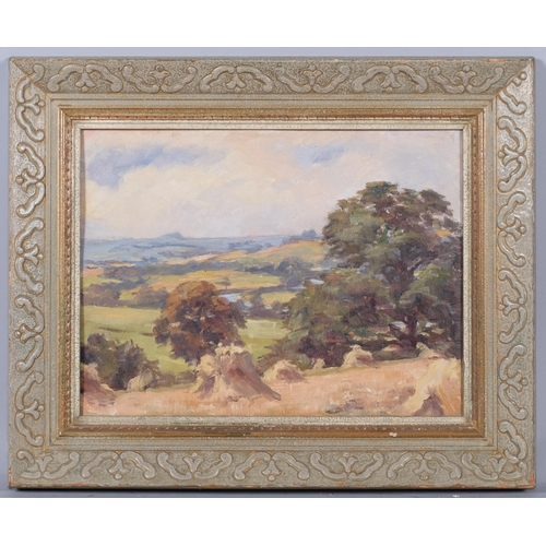 764 - Harvest landscape, mid-20th century oil on board, signed with initials GS verso, dated 1935, 30cm x ... 