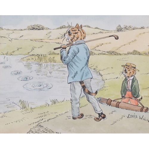 767 - **Description change** Manner of Louis Wain, golfing cats, watercolour, 20cm x 24cm, and cat and kit... 