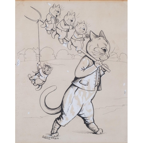 767 - **Description change** Manner of Louis Wain, golfing cats, watercolour, 20cm x 24cm, and cat and kit... 