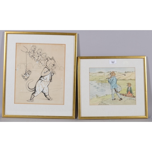 767 - **Description change** Manner of Louis Wain, golfing cats, watercolour, 20cm x 24cm, and cat and kit... 