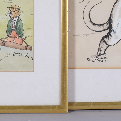 767 - **Description change** Manner of Louis Wain, golfing cats, watercolour, 20cm x 24cm, and cat and kit... 