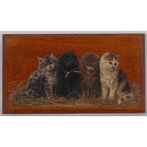 768 - Bessie Bamber, 4 cats, oil on wood panel, signed with monogram, 23cm x 41cm, unframed