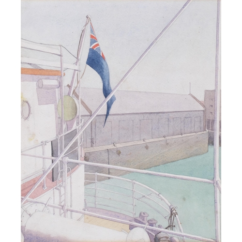 770 - View from the bow of a ship, early 20th century watercolour, unsigned, image 30cm x 24cm, unframed