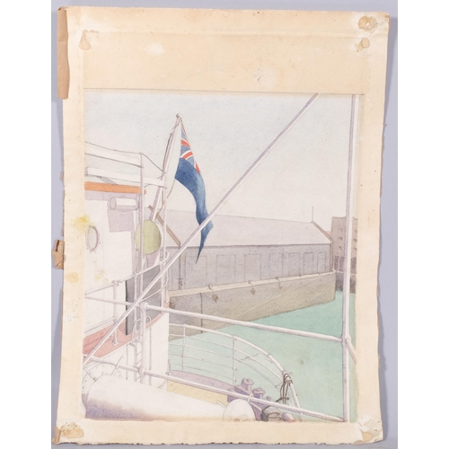 770 - View from the bow of a ship, early 20th century watercolour, unsigned, image 30cm x 24cm, unframed