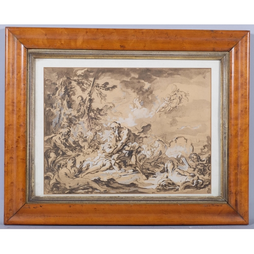 771 - Old Master style print heightened with white, Classical scene, monogram ink stamp lower right, 26cm ... 