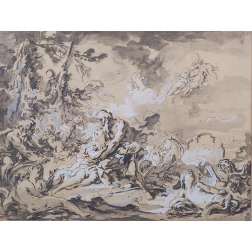 771 - Old Master style print heightened with white, Classical scene, monogram ink stamp lower right, 26cm ... 