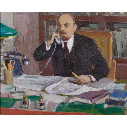 773 - Portrait of Lenin at his desk, Russian School oil on board, signed verso and dated 1967, 24cm x 28cm... 