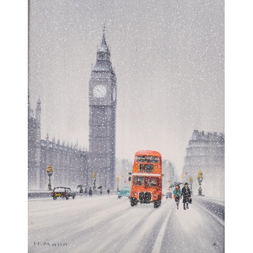 774 - H Mann, snow on Westminster Bridge, oil on canvas, 35cm x 27cm, framed