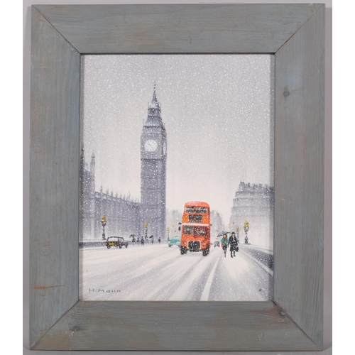 774 - H Mann, snow on Westminster Bridge, oil on canvas, 35cm x 27cm, framed