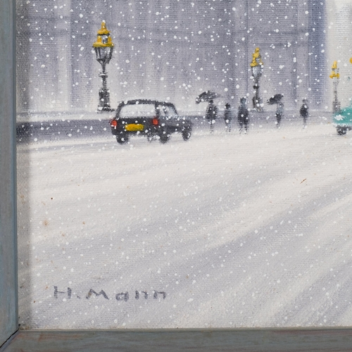 774 - H Mann, snow on Westminster Bridge, oil on canvas, 35cm x 27cm, framed