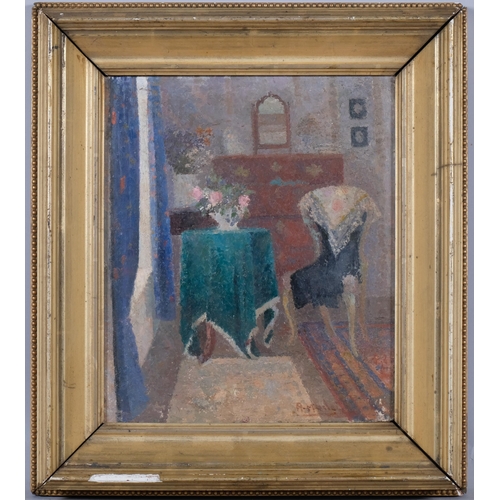 783 - Room interior study, impressionist oil on board, indistinctly signed, 31cm x 25cm, framed