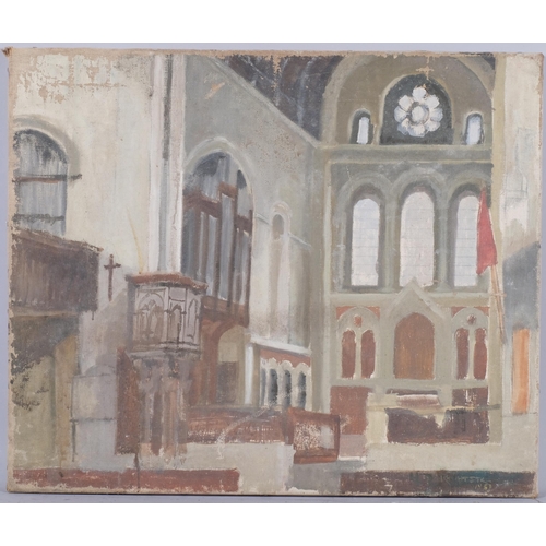 786 - Church interior scene, early 20th century oil on canvas, indistinctly signed, 51cm x 61cm, unframed