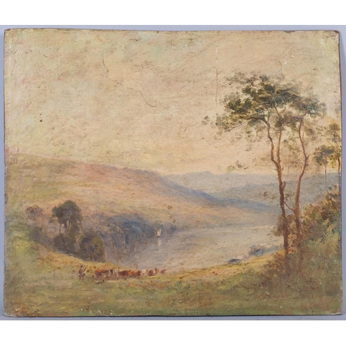 787 - Follower of JMW Turner, cattle in extensive landscape, oil on wood panel, signed, 32cm x 38cm, unfra... 