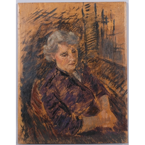 790 - Portrait of a woman, oil on wood panel, indistinctly signed, 46cm x 36cm, unframed