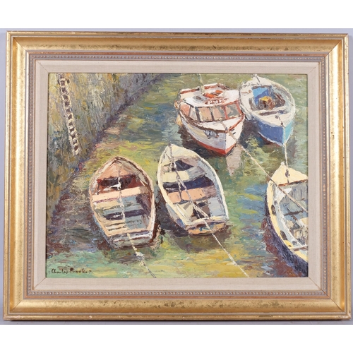 796 - Charles Brooker, moored boats, oil on board, 38cm x 46cm, framed