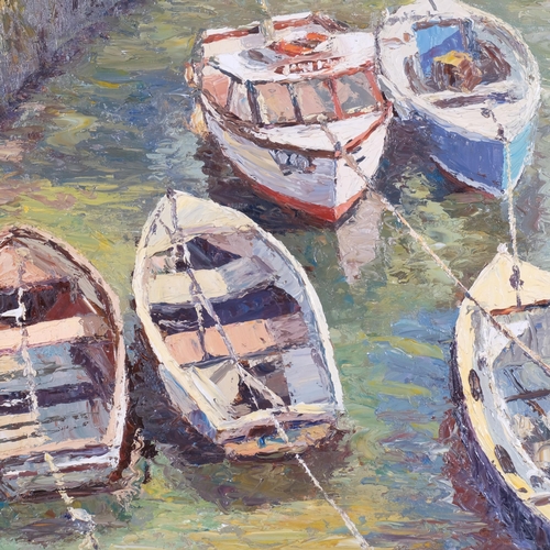 796 - Charles Brooker, moored boats, oil on board, 38cm x 46cm, framed