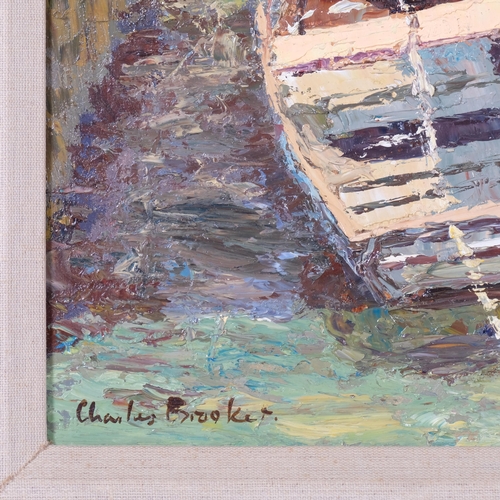 796 - Charles Brooker, moored boats, oil on board, 38cm x 46cm, framed