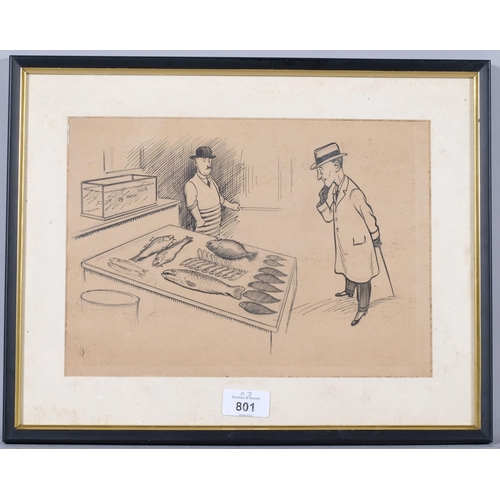 801 - Henry Mayo Bateman (1887 - 1970), 3 original cartoons, pen and ink, 2 signed, framed (3)